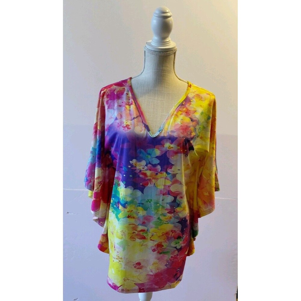 NWT Lily by Firmiana Women's Abstract Print Top w/Butterfly Sleeves Size L